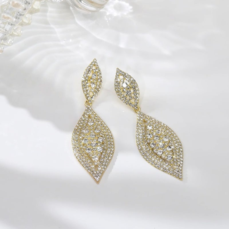 Flyonce Gold Earrings for Women, Sparkly Rhinestone Crystal Large Long Statement Wedding Party 2 Leaf Drop Dangle Chandelier Earrings for Brides Bridal Clear Gold-Tone 3.3" - Image 4